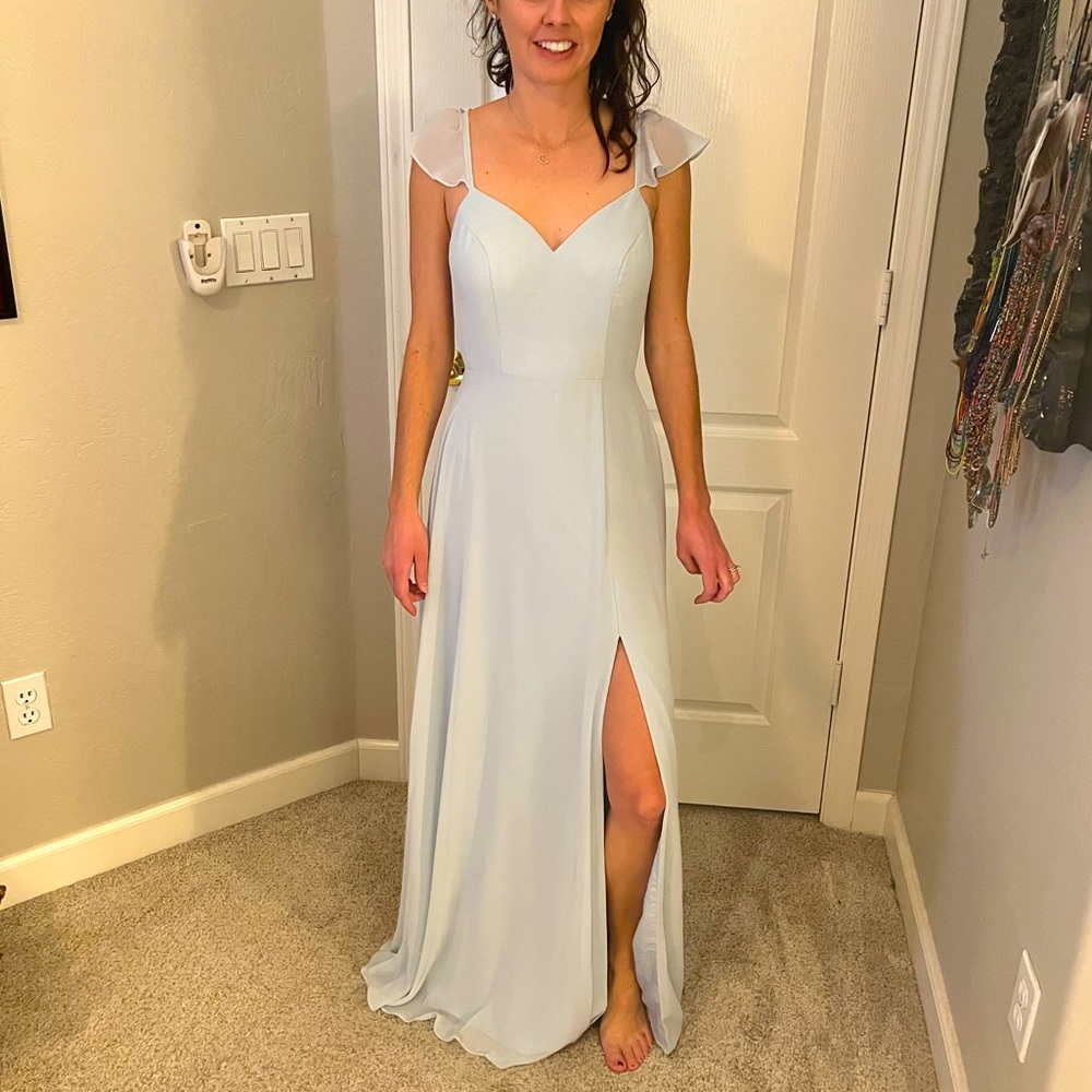 flutter sleeve dress- worn once as bridesmaid. Dry cleaned. Color is Mist